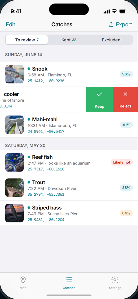 SpotStash's review queue with a row swiped open to keep or reject a catch